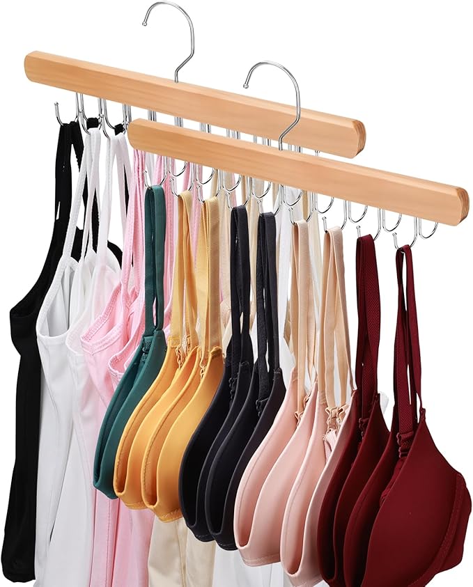 NECAMOCU 2 Pack Bra Hanger for Closet Organizer, Premium Wooden Tank Top Hangers with 36 Foldable Hooks, 360° Rotating Design, Space Saving Storage for Tank Tops, Bras, Scarves and More