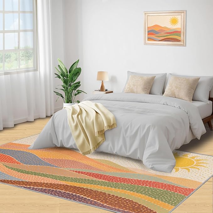 Boho Sun Area Rugs 3x4ft, Mosaic Sunburst Kids Bedroom Rug, Dotted Gradient Hills Bedside Rug Durable Non Slip for Cafe Living Room Under Table Boys Room Decor