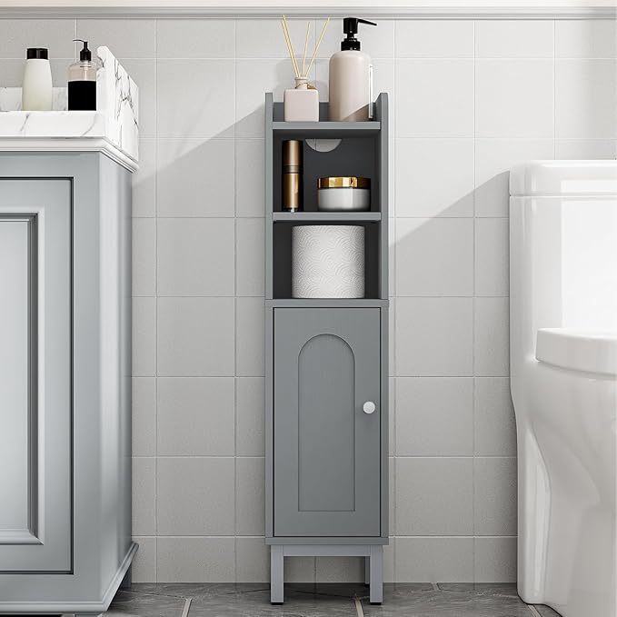 Hzuaneri Bathroom Storage Cabinet, Small Corner Floor Cabinet with Door and Shelves, Narrow Toilet Paper Holder, Bathroom Organizer with Adjustable Shelf, for Small Spaces, Gray BC08221GR