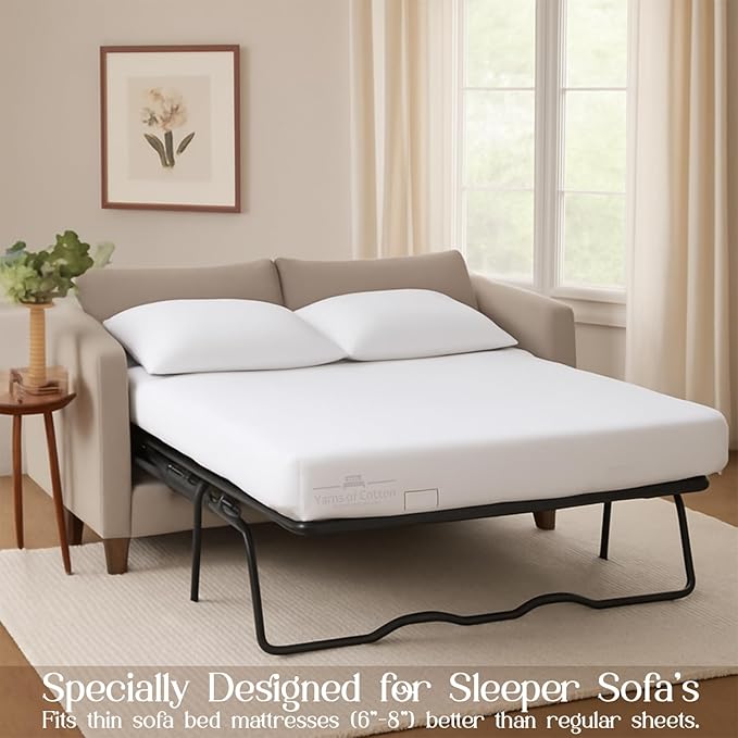 Sleeper Sofa 4 Piece Bed Sheet Set Premium Quality 100% Cotton 500 Thread Count, Smooth & Super Soft Sateen Weave, Extra Soft Bed Sheets, Wrinkle Free, 6 Inch Deep Pocket (Full, White)