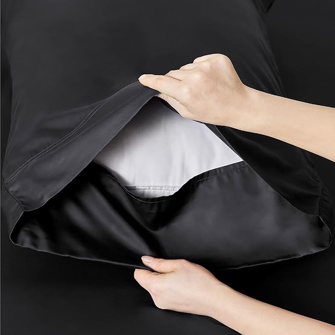 Bedsure Cooling Sheets Twin XL, Rayon Derived from Bamboo, Breathable & Soft Twin XL Sheet Sets, Deep Pocket Up to 16 Inches, Hotel Luxury Silky Dorm Bedding for Hot Sleepers, Black