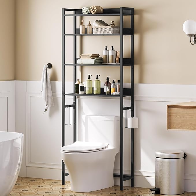 MAHANCRIS Over The Toilet Storage Rack, 4 Tier Bathroom Organizer Over Toilet, Freestanding Space Saver Toilet Stand with 2 Hooks, Bathroom Storage Shelf, Easy to Assemble, Black TSHB0401