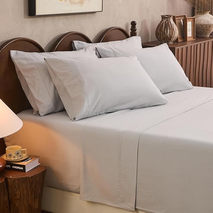 100% Linen Sheet Set King Size Extra Deep Pocket Fits 18-24 Inch Mattress, Breathable & Soft, Smooth 6-Piece Set for Thick Mattresses Hotel Luxury Bedding（King, Grey）
