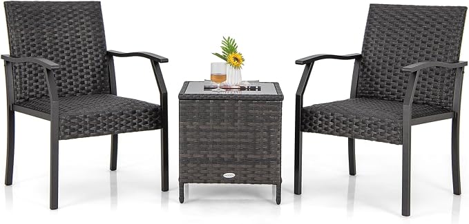 Tangkula 3 Pieces Patio Wicker Chair Set, Waterproof All Weather Resistant