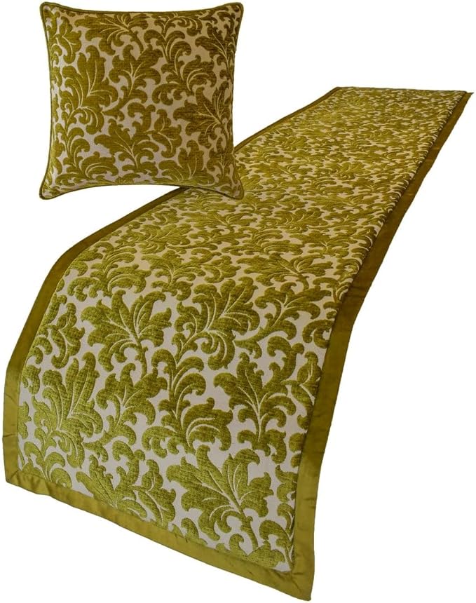 The HomeCentric King/Queen/Twin Chartreuse Decorative Full 68"x18" Bed Runner with 2 Pillow Cover, Velvet, Floral Pattern Bed Scarf on Velvet Fabric - Enchanted Chartreuse
