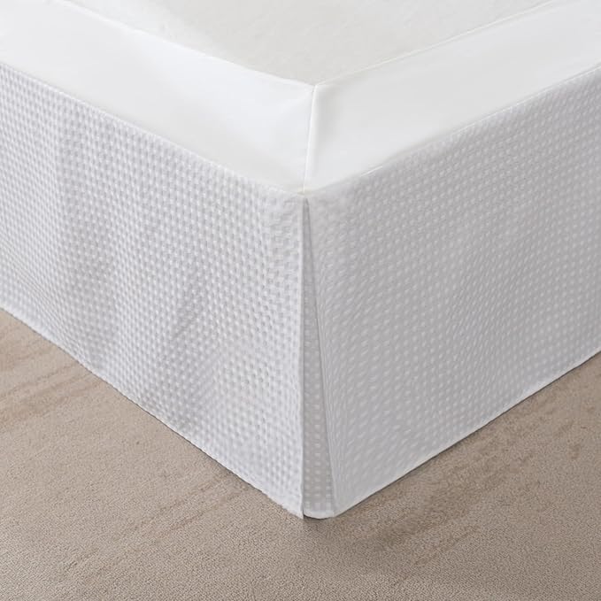 King Bed Skirt, Wrap Around Bed Skirt with Pleated Corner, 18 Inch Drop Pleated Waffle Weave Bedskirts, Anti-Slip, Microfiber, White, 18'' King