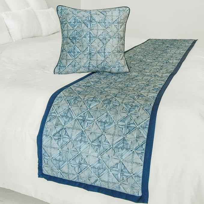 The HomeCentric King/Queen/Twin Blue Decorative Full 68"x18" Bed Runner with 2 Pillow Cover, Indigo, Printed & Quilted Bed Scarf on Suede Fabric - Indigo Centric