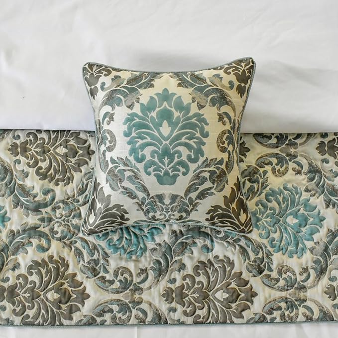The HomeCentric King/Queen/Twin Blue Designer Twin 53"x18" Bed Runner with 2 Pillow Cover, Damask Bed Scarf on Jacquard Fabric - Royal Elegance