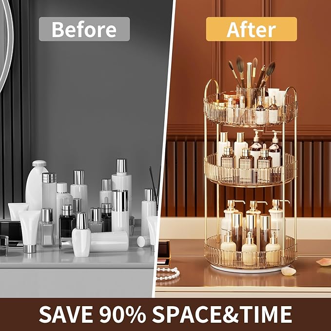 360° Rotating Makeup Organizer, Large-Capacity Skincare Make Up Storage 3 Tier Perfume Organizers Cosmetic Dresser Organizer with Makeup Brush Holder, Fits Bedroom, Bathroom, Vanity Shelf Countertop