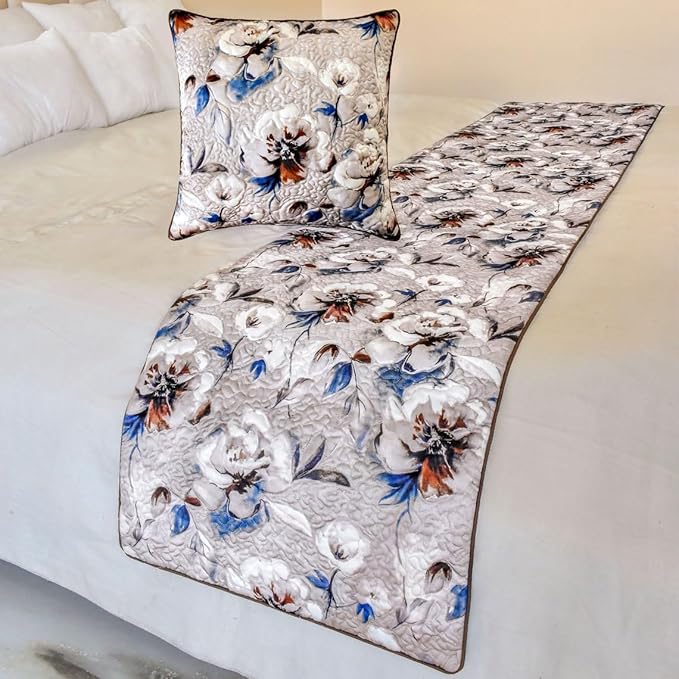 The HomeCentric King/Queen/Twin Ivory Decorative CA King 86"x18" Bed Runner with Two Pillow Cover, Floral, Quilted Bed Scarf on Satin Fabric - Floral Harmony