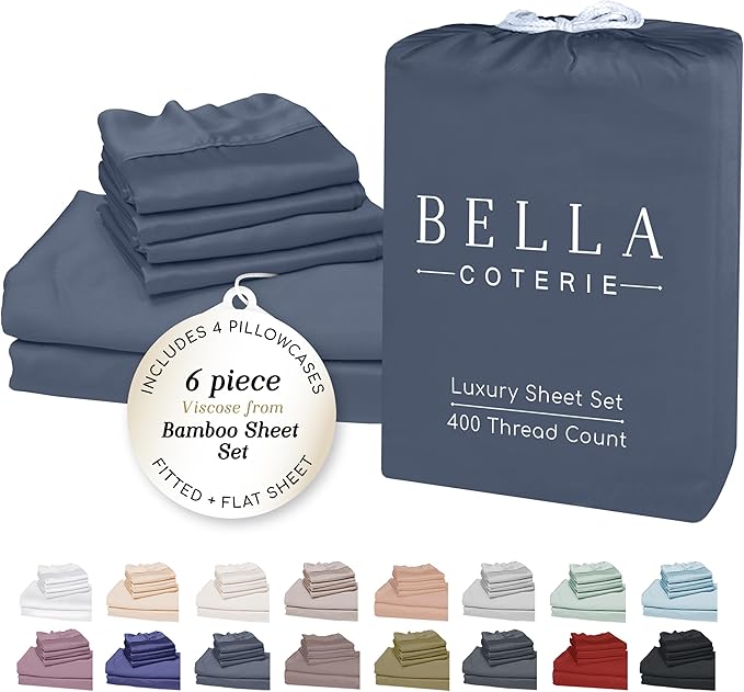 Bella Coterie 6 Piece Luxury Bamboo Viscose California King Size Sheet Set | 100% Organically Grown | Cooling for Hot Sleepers | 18" Deep Pocket | Soft & Hypoallergenic | 4 Pillowcases [Slate Blue]