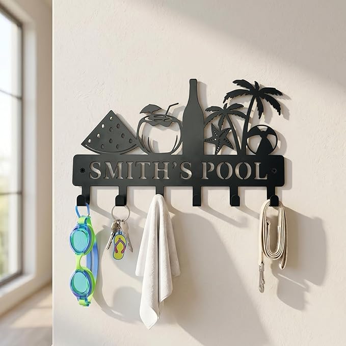 Metal Key Holder Wall Mount, Coastal Tropical Key Rack Hooks, Beach Pool Sunset Wall Art Organizer for Entryway, Kitchen, Hallway, Garage, Farmhouse Home Decor & Housewarming Gift (Pool Party)