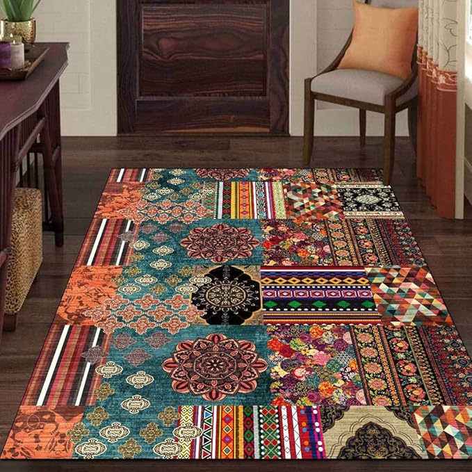 Vintage Boho Area Rugs Multicolor Ethnic Style Geometric Splicing Carpets Bedroom Living Room Kitchen Floor Mats Indoor Outdoor Non-Shedding Runner Rug Home Décor Carpet 1.3' X 2'