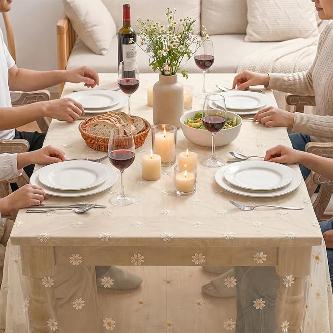 Horaldaily Champagne Embroidery Daisy Spring Summer Gauze Tablecloth 52×70 Inch Rectangular, Seasonal Tulle Table Cover, Garden Party Decorations for Wedding, Party, Holiday Dining