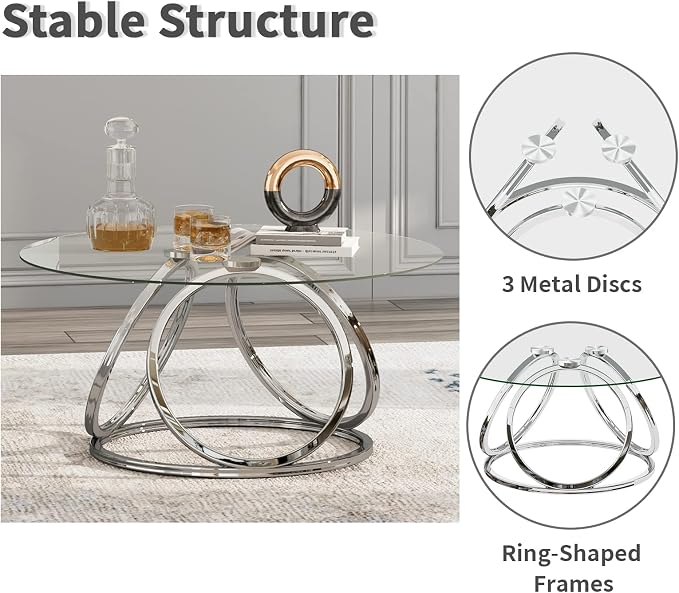 O&K FURNITURE Silver Coffee Table, Modern Glass Coffee Table Living Room Table