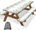 Floral Picnic Table Cover with Bench Covers, Camping Essentials, Leaves Flower Butterfly Waterproof Windproof, Fitted Tablecloth Cover with Elastic Edge, for Indoor, Outdoor, 3 PCS, 30x60 Inch