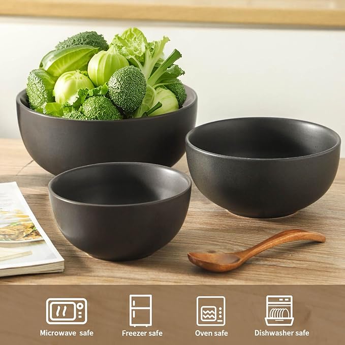 Tikooere Tikoore Ceramic Mixing Bowls Set，Soup Bowls Set of 3, Stoneware Nesting Bowls for Serving, Baking, Salad,Microwave and Dishwasher Safe,24/40/88 oz, Matte Black