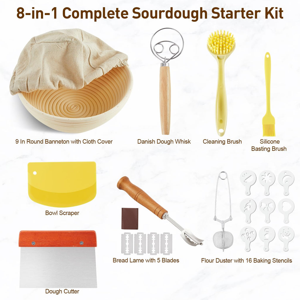 Banneton Bread Proofing Basket, Sourdough Starter Kit, 9" Round Sourdough Bread Baking Supplies with Dough Whisk, Bread Lame, Brush, Scrapers, Flour Duster & Stencils, Bread Making Tools Gift Set
