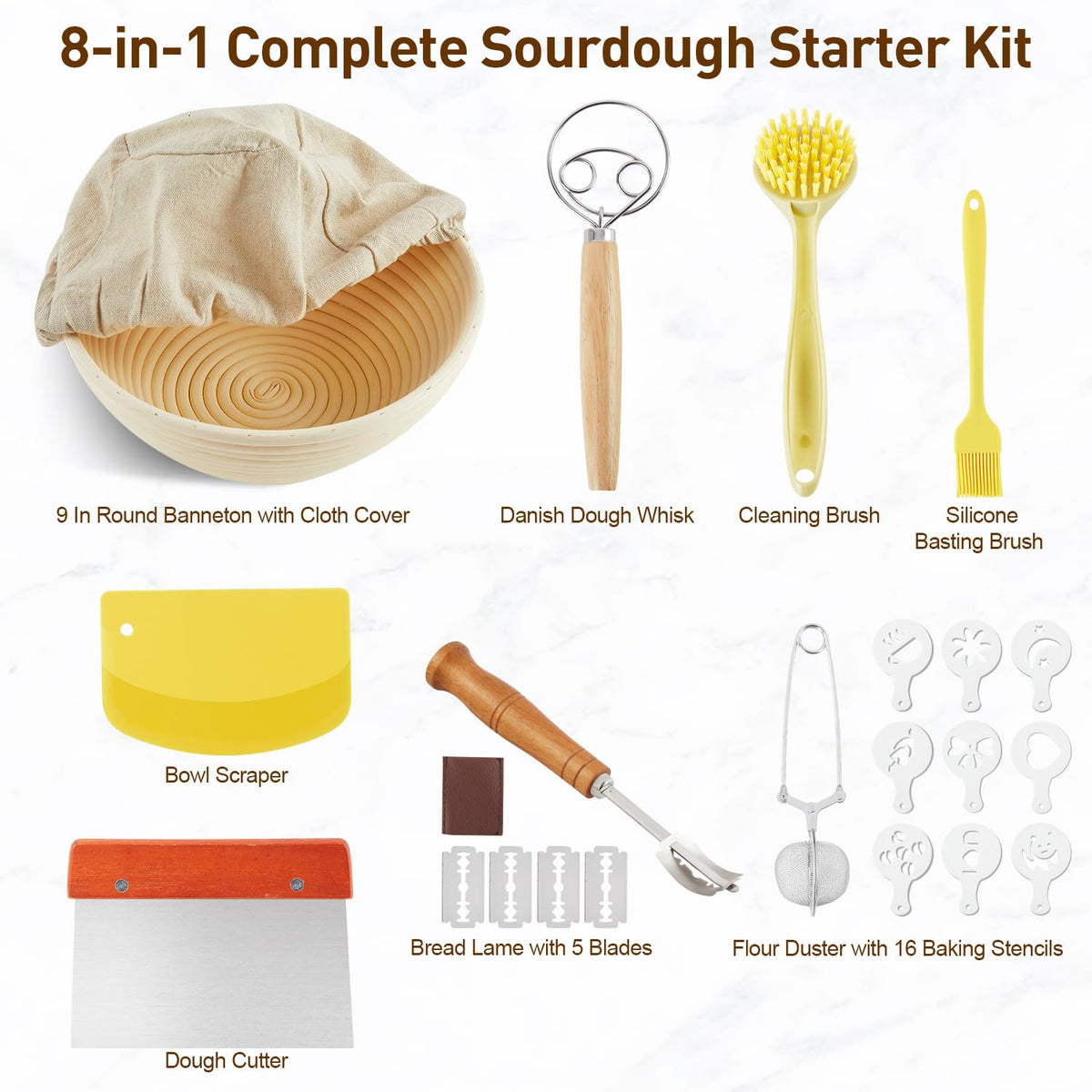 Banneton Bread Proofing Basket, Sourdough Starter Kit, 9" Round Sourdough Bread Baking Supplies with Dough Whisk, Bread Lame, Brush, Scrapers, Flour Duster & Stencils, Bread Making Tools Gift Set