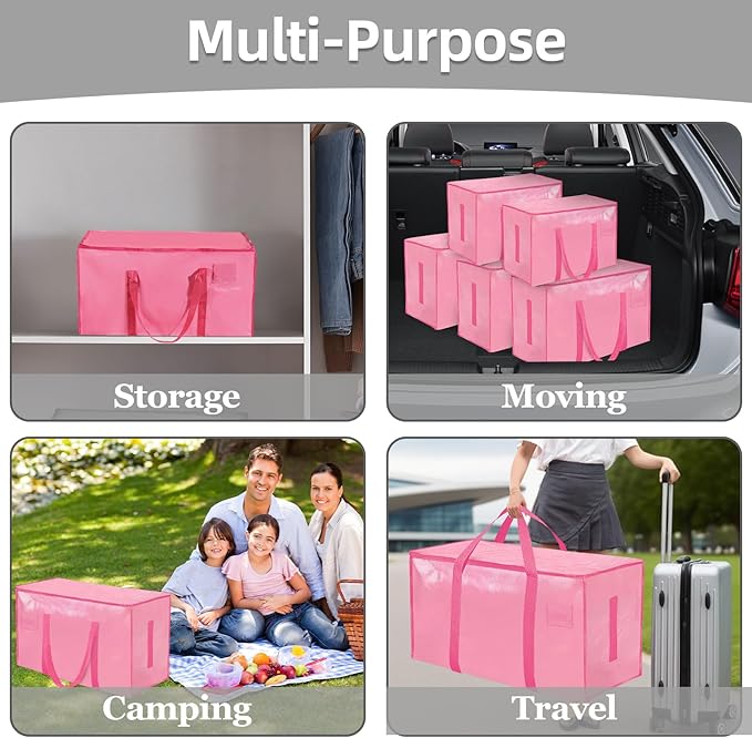 12 Pack-Extra Large Heavy Duty Moving Bags - Waterproof Storage Totes with Handles & Zippers, Foldable for College Dorm, Storage (Pink)