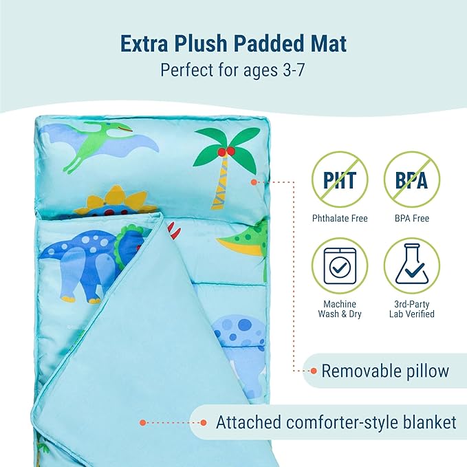 Wildkin Kids Microfiber Nap Mat – Soft Sleep Mat with Pillow, Ideal for School & Travel - Dinosaur Land