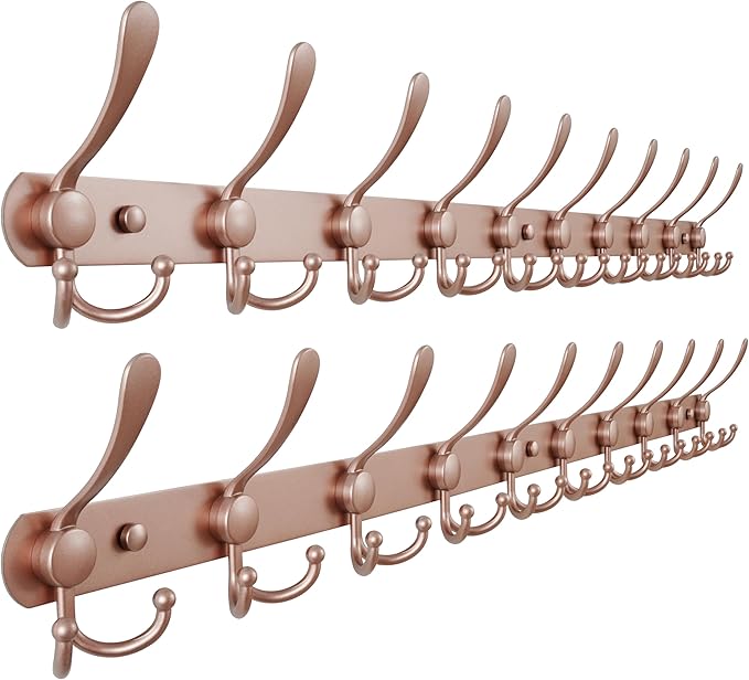 Dseap Coat Rack Wall Mount - 38” Long 10-Tri-Hooks Heavy Duty Coat Hanger Rail Wall Hooks for Hanging Coats Hats Clothing Clothes Purse Mudroom Entryway, Rose Gold, Pack of 2