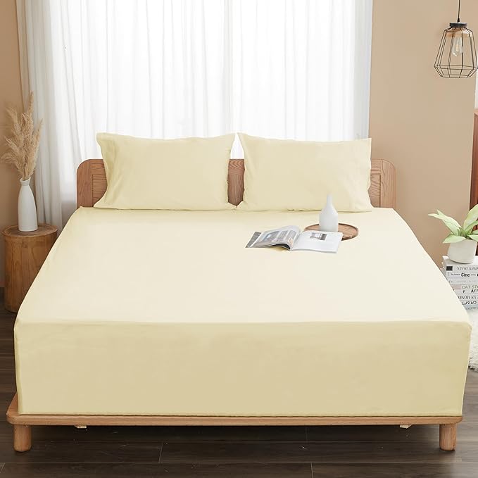 Sunflower Full Fitted Sheet, 1-Piece Extra Deep Pocket Fitted Bottom Sheet 22", 100% Cotton Sateen Soft Breathable, Butter Cream