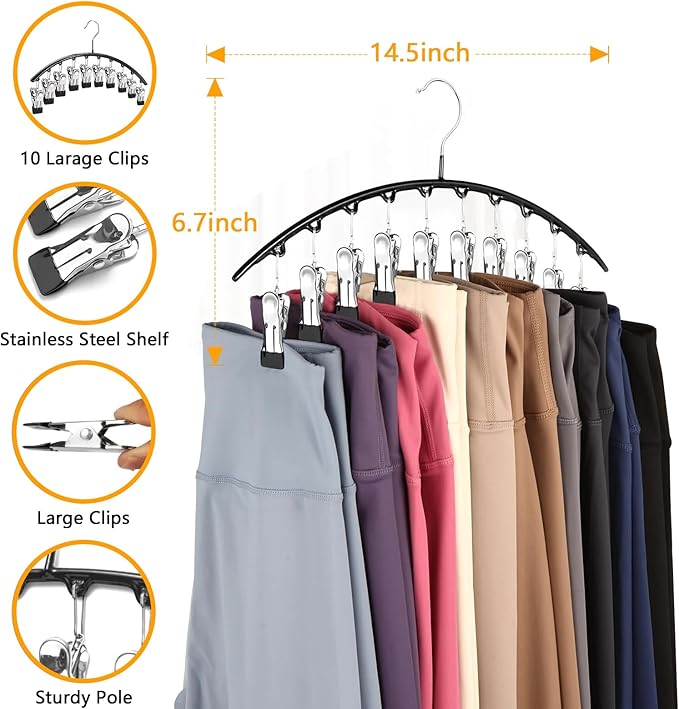 Legging Hangers for Closet Organizer, Hat Hangers for Closet 2 Pack with 10 Clips Holds 20 Leggings, Legging Hanger, Pants Storage Organizer Suitable for Socks, Panties, Underwear, Pants (4-Pink)
