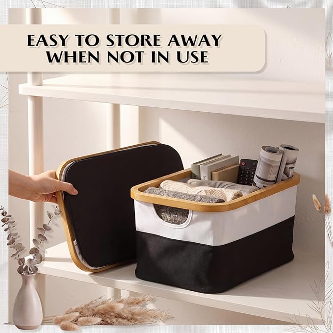 Hushee 4 Pack Bamboo Fabric Storage Bins for Shelves, 15"x10"x7.9" Collapsible Storage Baskets for Organizing, Two-Tone Foldable Bins for Clothes, Towels, Linens(White and Black)
