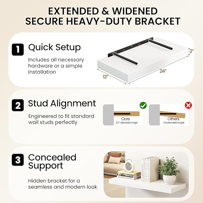 40Inch White Floating Shelves for Wall, 12 Inch Deep Shelves for Bedroom