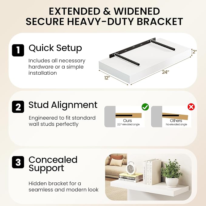 White Floating Shelves 48Inch Long, 12 Inch Deep Floating Shelves