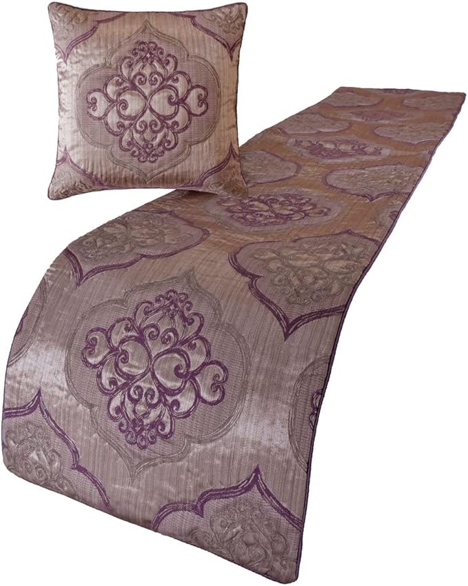 The HomeCentric King/Queen/Twin Purple Decorative King 90"x18" Bed Runner with Pillow Cover, Damask & Quilted Bed Scarf on Jacquard Fabric - Embre Purple