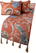 The HomeCentric Orange Bed Runner, King Size 90"x18" Decorative Bed Runner with Matching Pillow Cover, Rust or Orange Linen Bed Scarf in Quilted Peacock, Linen & Jute Embroidery - Peacock Soiree