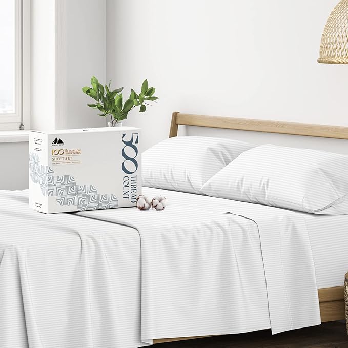 Mayfair Linen 100% Cotton Striped Sheets California King Size Bed Set - 500 Thread Count Damask Sheets Cal King Size 4 PC Set (White Stripe), Soft, Cooling, Sateen Weave 16" Deep Pocket Bedsheet