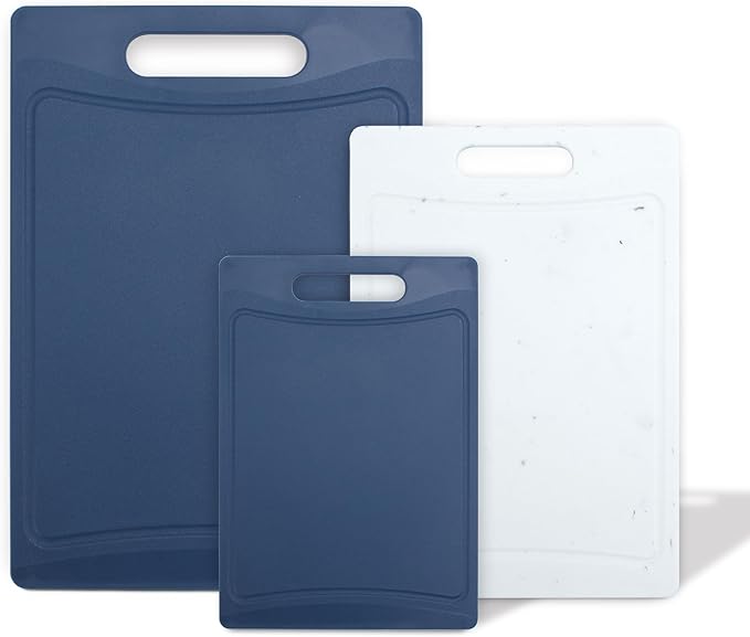 COOK WITH COLOR Non-Slip Cutting Board Set – Kitchen Essentials with Easy Grip Handle for Meat, Veggies, and Fruits, 3 Cutting Boards, Blue and White Marble