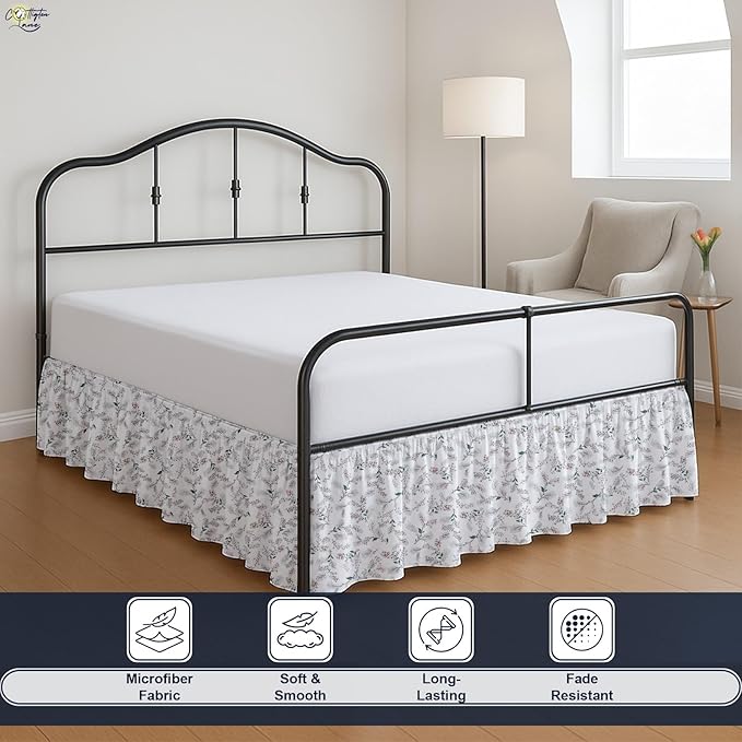 Cottington Lane Ruffled Bed Skirt King Size with Split Corner, Brushed Microfiber Hotel Quality Dust Ruffle, 15 Inch Drop Gathered Bedskirt, Soft, Stylish, Shrink & Fade Resistant, Coco Rose Leaf