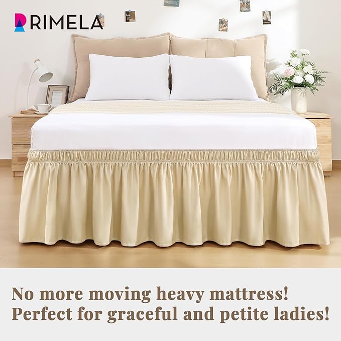 RIMELA Beige White Bed Skirt King Size 15 Inch Drop, Elastic Bed Skirting for Bed Base and Frame, Bedding Dust Ruffle Easy to Install, Lightweight Wrap Around Adjustable Bedskirt