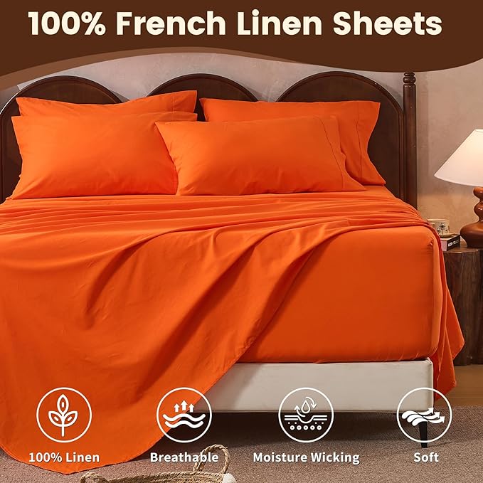 100% Linen Sheet Set King Size Extra Deep Pocket Fits 18-24 Inch Mattress, Breathable & Soft, Smooth 6-Piece Set for Thick Mattresses Hotel Luxury Bedding（King, Orange）