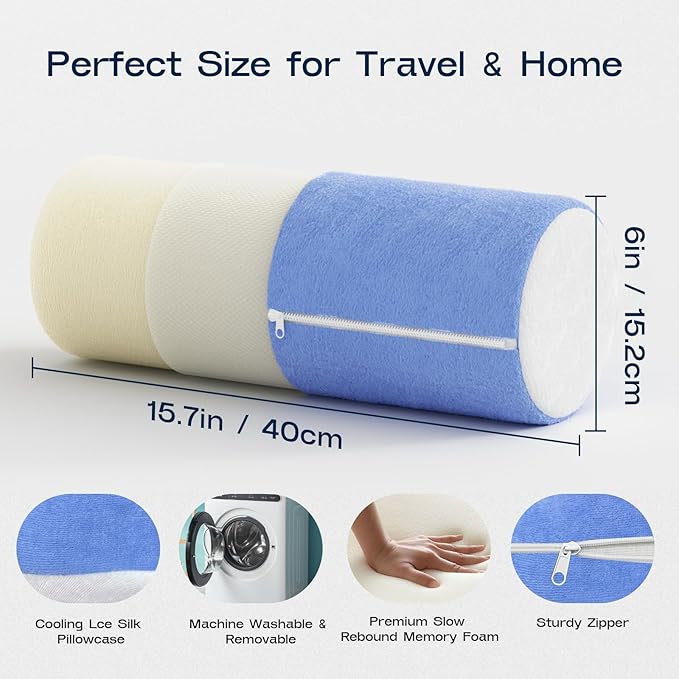 Neck Roll Cervical Pillow for Neck Pain Relief - Memory Foam Neck Pillow for Bed, Round Neck Pillows for Sleeping, 15.7 * 6 * 6inch (Blue-White)