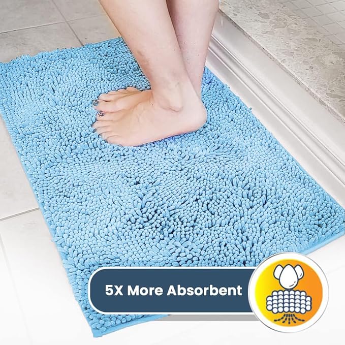 Muddy Mat® AS-SEEN-ON-TV Highly Absorbent Microfiber Door Mat and Pet Rug, Non Slip Thick Washable Area and Bath Mat Soft Chenille for Kitchen Bathroom Bedroom Indoor and Outdoor - Sky Blue 24" x 96"