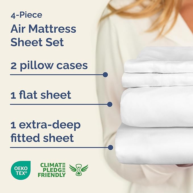 Air Mattress Sheet Set for Full Size - 4 Piece Breathable & Cooling Sheets w/Extra Deep Pockets - Fits Inflatable & Blow Up Air Mattresses Up to 24 Inches Thick - Ultra Soft & Wrinkle Free - White