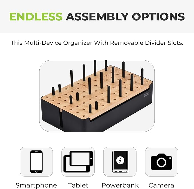 Prosumer's Choice Black Wooden Charging Station Organizer for Multiple Devices - Cable Management Box with 5 Slots and Removable Dividers - Charger Organizer for Phone, Tablet, Home, Office, 12"x6"x7"