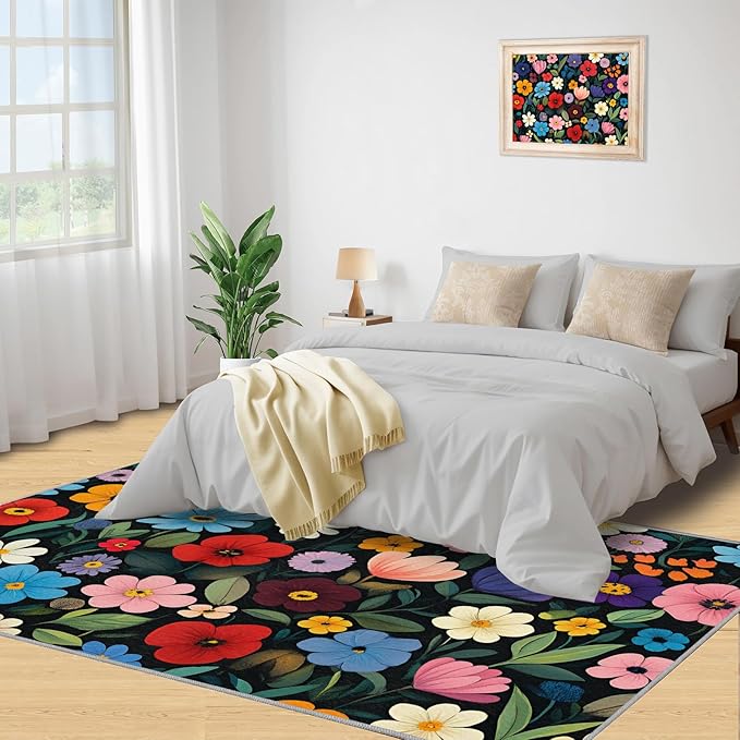 Boho Flowers Rugs for Bedroom - 3x5 Area Rug - Cartoon Flowers Rugs for Living Room, Abstract 3D Floral Rug, Non-Slip Washable Home Decor Carpet