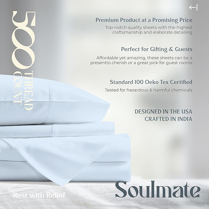 Mayfair Linen 100% Cotton Bed Sheets Twin Sheet Set - 500 Thread Count Sheets Twin Size 3 PC Set (Light Blue), Soft, Cooling, Hotel-Quality 16" Deep Pocket Sateen Weave Cotton Bedsheet for Dorm Room