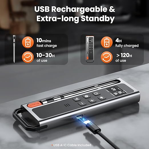 Wireless Meat Thermometer Digital-5.3 Bluetooth for Stable 800ft APP Control (iOS&Android), 10mins Charge for 24H Use Meat Probe, Accuracy ±0.5°F, Instant Read Meat Thermometer for BBQ, Grill, Oven