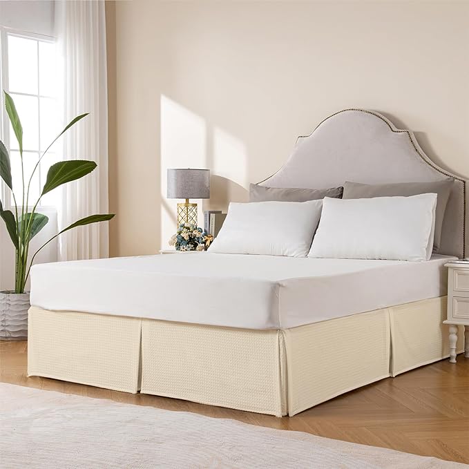 MIYE Pleated Waffle Weave Bed Skirt, Tailored Dust Ruffle 16 Inch Drop Easy Fit, Machine Washable,No Split Corners (Light Beige, Twin - 16" Drop)