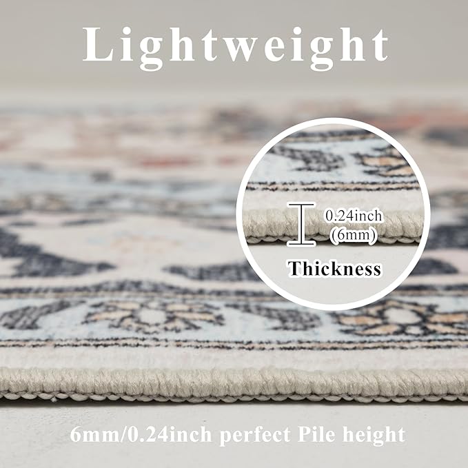 Washable Area Rugs 8x10, Large Rugs for Living Room, Carpet for Bedroom, Soft Faux Wool Retro Dining Room Rug, Non-Slip Backing Resistant Low Pile Vintage Print Rug for Home Office (Blue/Gray)