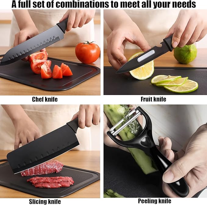 Magicorange 7-Piece Kitchen Knife Set - 5 Black Stainless Steel Knives with Sheaths, Cutting Board, and a Knife Block- Stainless Steel Kitchen Knives with PP Ergonomic Handle (Matte Black)