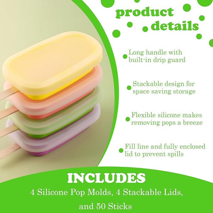 WMKGG Stackable Silicone Popsicle Molds with Lids, 4 PCS Ice Cream Molds