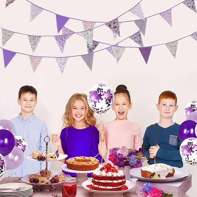 Zwiebeco 39Ft Purple Floral Fabric Bunting Banner Triangle Flag Party Decorations Hanging Cotton Rustic Vintage Flowers Garland Pennant for Wedding Birthday Tea Nursery Home Outdoor Garden Supplies